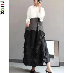 YUDX Miyake Stand Collar Color Block Dress Long Length Women 2024 New Autumn Vintage Loose Pleated Dresses Elegant