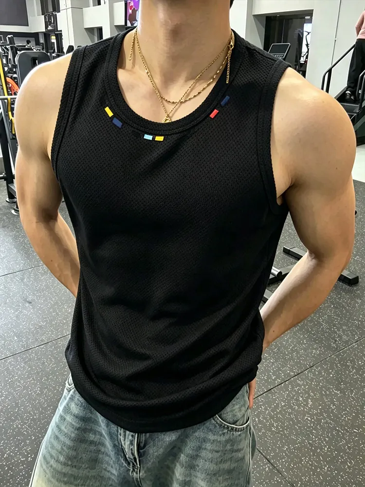 American Style Breathable Dragon Scale Embroidery Tank Top Men Summer Fitness Sport Sleeveless T-Shirt Hard Man Shoulder Swea...