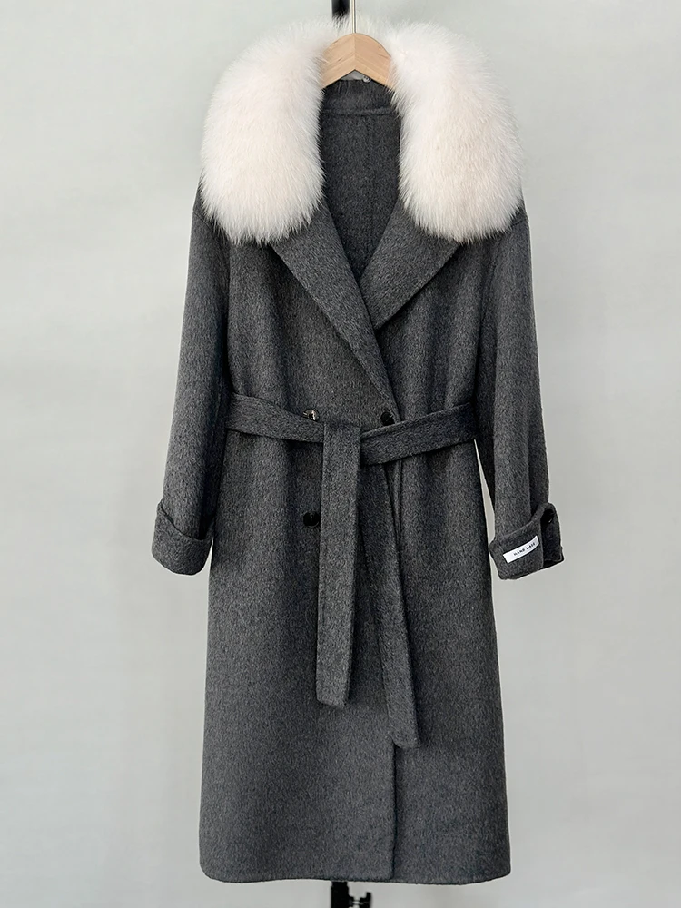 Jaket Bulu Rubah Asli Ukuran Besar untuk Wanita Musim Dingin 2025, Mantel Kasmir Campuran Wol Panjang dengan Sabuk, Pakaian Hangat Wanita untuk Gaya Jalanan