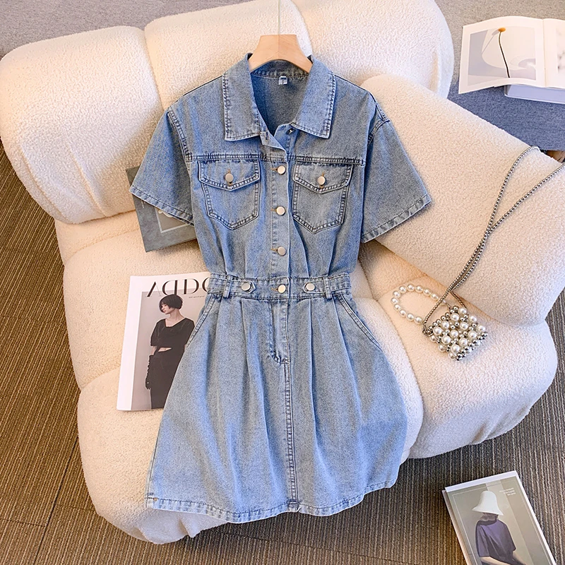 

Light Blue Denim Dress for Women's Summer New Short Sleeve Single-breasted Slim Dress Korean Retro A-line Short Dresses ﻿