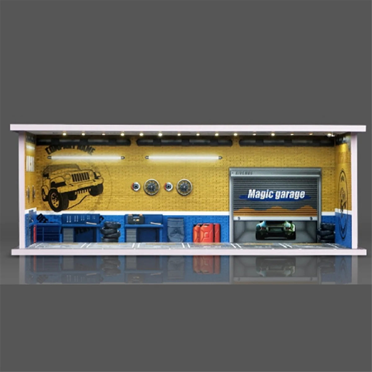 1/64 Diorama Car Garage Model LED Lighting City Car Showroom Scene for Miniatures Vehicles Display Model Assembled Park