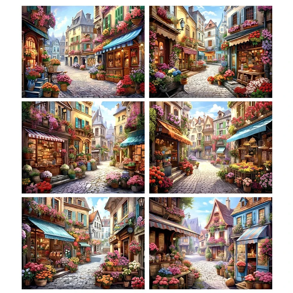 Street Scenery in Small Town Diamond painting New 2024 diy full square/Round Flower Shop Diamond Mosaic handwork Art Home decor