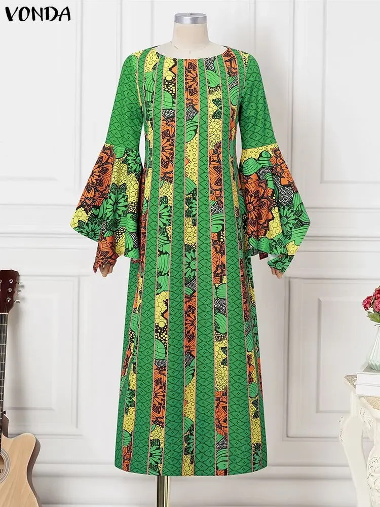Frauen Kleider VONDA Plus Größe Vintage Print 2025, Lange Flare Hülse Böhmischen Maxi Robe Casual Lose Herbst Party Lange Vestido 5XL