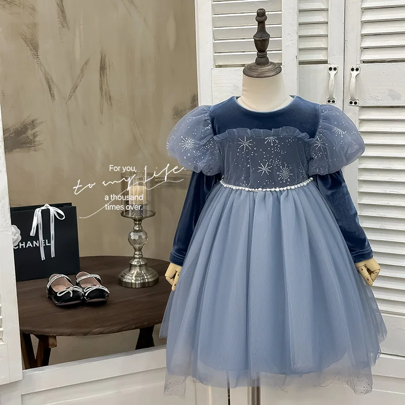 

Girls' Dress Autumn New Style2025Princess Dress Ice and Snow Series Long Sleeve Dress with Cape Little Gown