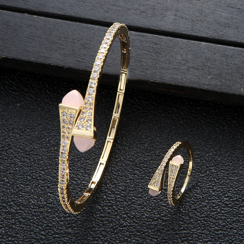 HIBRIDE Trendy Saudi Arabia Bangle Ring Set for Women Bridal Wedding Engagement Jewelry Sets brincos para as mulheres N-971
