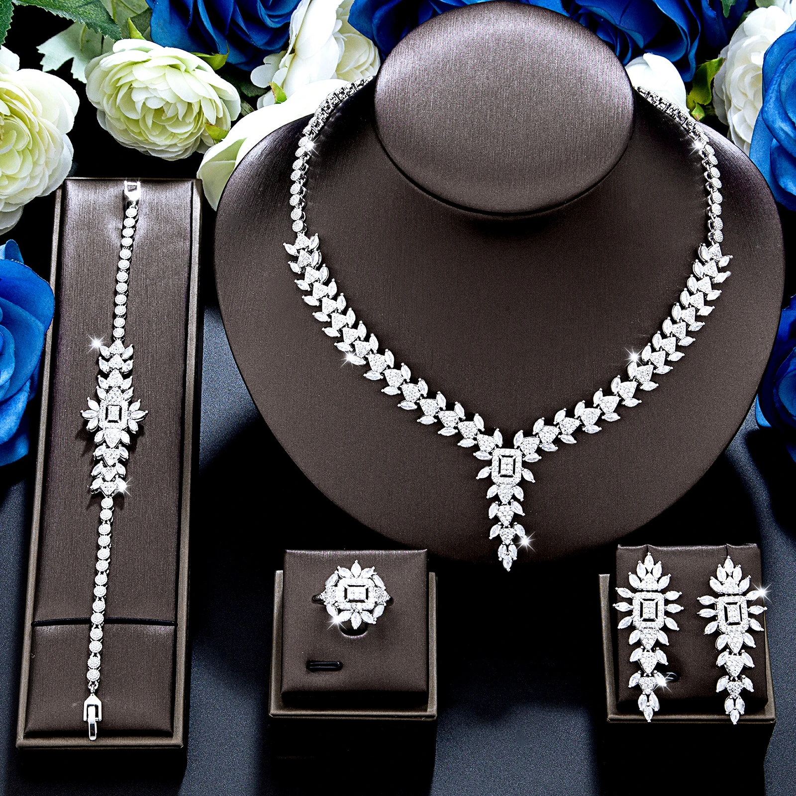 

Luxury Dubai Nigeria Crystal 4-piece bridal zirconia complete jewelry set, suitable for women's party and wedding jewelry access