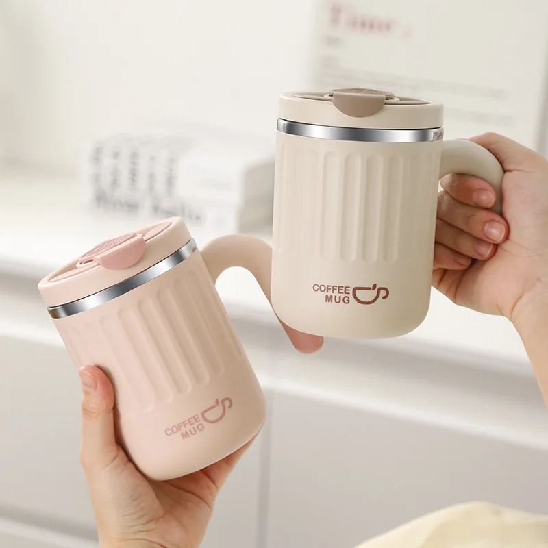 Taza térmica a prueba de fugas de 480ML con asa, taza de café de acero inoxidable 304 con pajita, taza de agua al vacío de doble pared, taza de leche de viaje