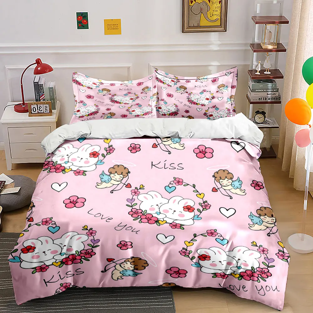 Cute bunnies angels heart Pattern Duvet Cover Set Digital Print Colorful Polyester Bedding with Zipper Closur for kids gifts