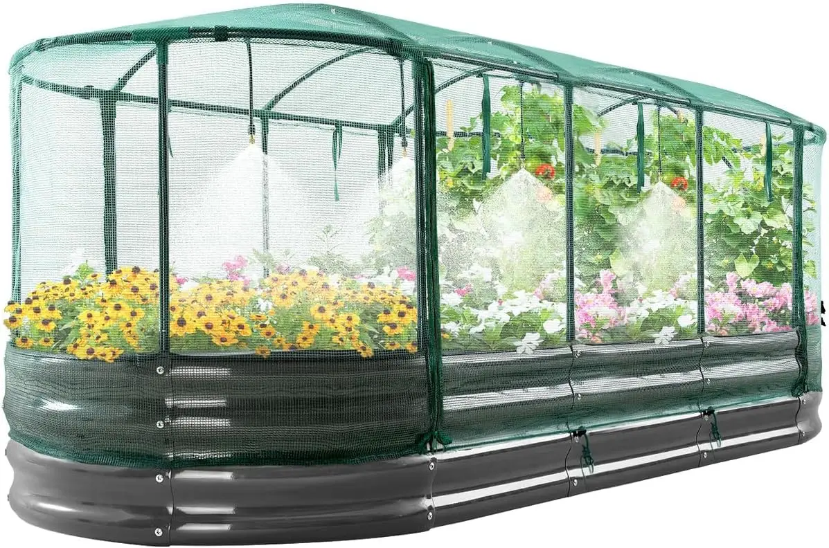 

Galvanized Raised Garden Bed Kit with Self Watering System and Mesh Cover, Large Oval Metal Outdoor Planter Garden Boxes for Veg
