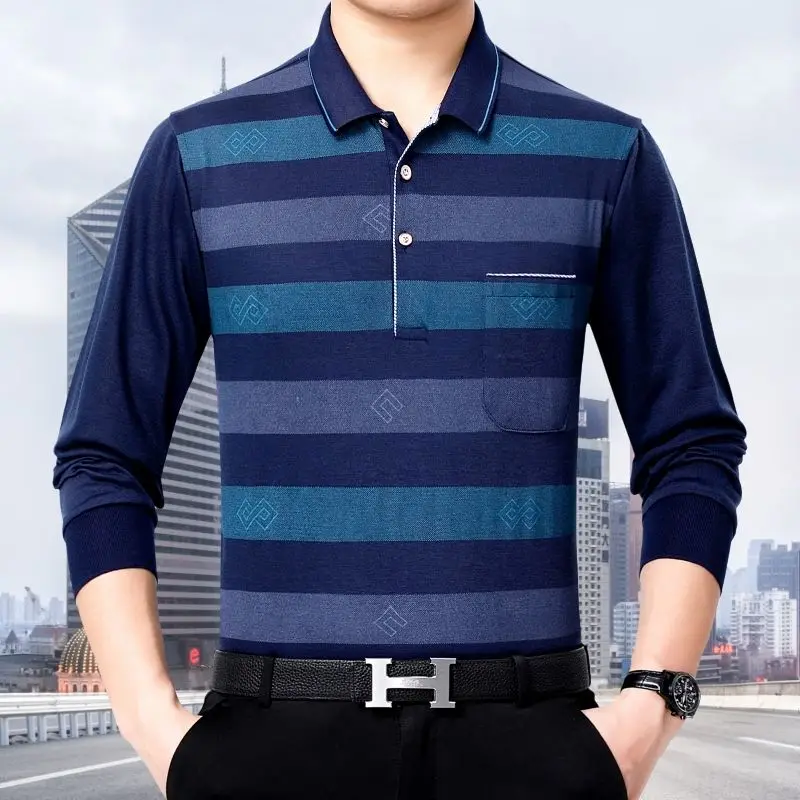 Middle-aged Men's Clothing Spring Long Sleeve New Lapel Thin Striped Printed Spliced Pockets Loose Causal Fashion Polo Shirt