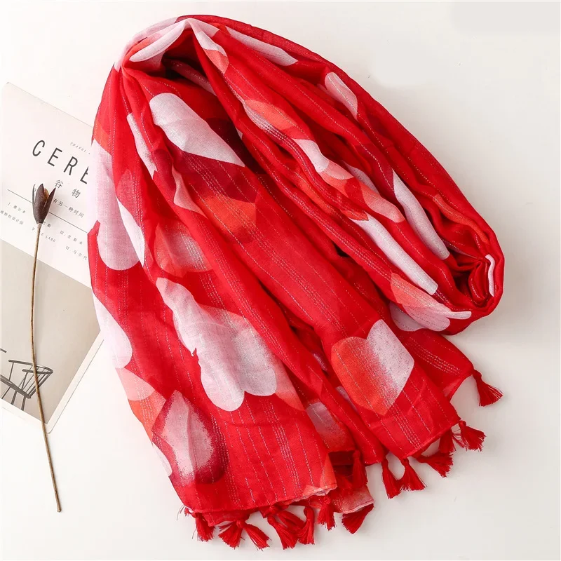 New Korean Sweet All-matching White Silk Scarf Red Love Heart Silver Silk Print Winter Warm Shawl Cotton Linen Feel Scarf Hijabs