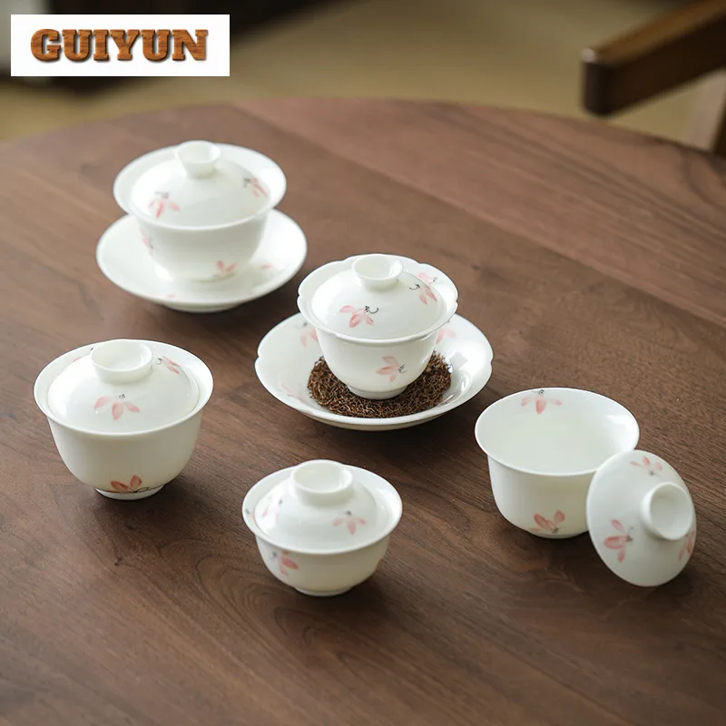 

Mutton Fat Jade Hand-painted Magnolia Gaiwan Ancient Tea Tureen Tea Bowl With Lid Kit Tea Maker Cover Bowl Teaset Decoration