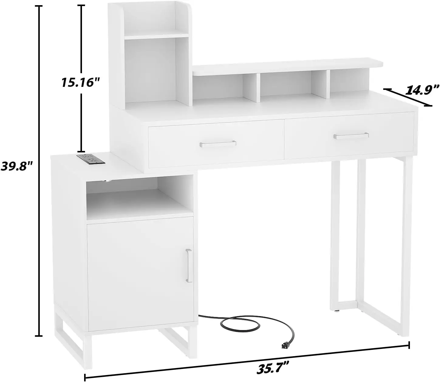 White Vanity Desk for Bedroom with Power Outlet, Drawers, Cabinets and Storage Shelves (No Mirror) view 6