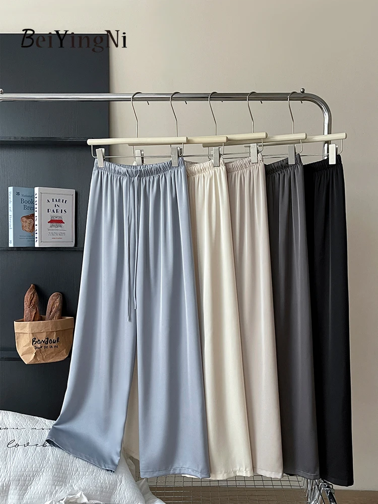

Beiyingni Women's Satin Wide Leg Pants Luxury Summer Soft New Fashion Baggy Trousers Ladies Solid Color Simple All-match Pants