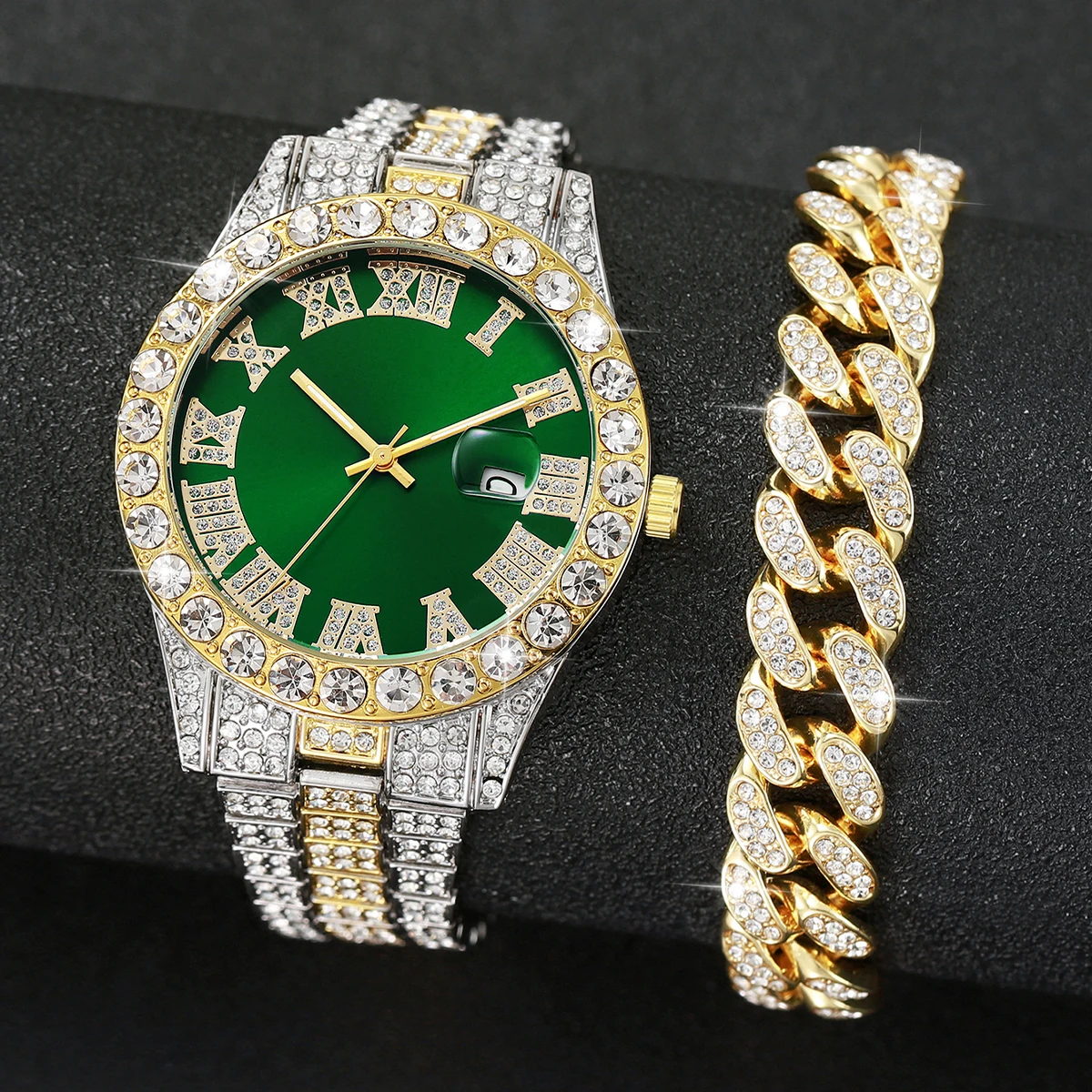 2PCS Luxury Rhinestone Men's Analog Quartz Watch Set