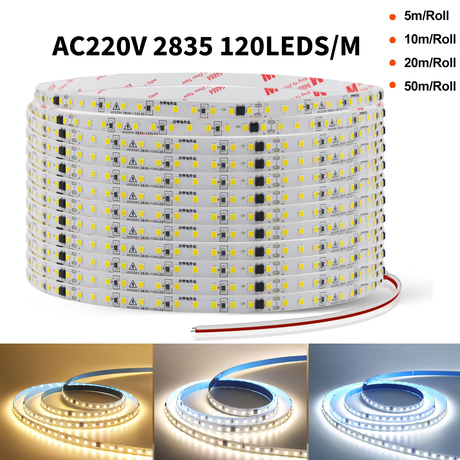 

220V LED Strip Light 8mm PCB 2835SMD 120LEDs/M Adhesive Flexible LED Tape Light with IC Warm/Natural/Cool White IP44 Home Decor