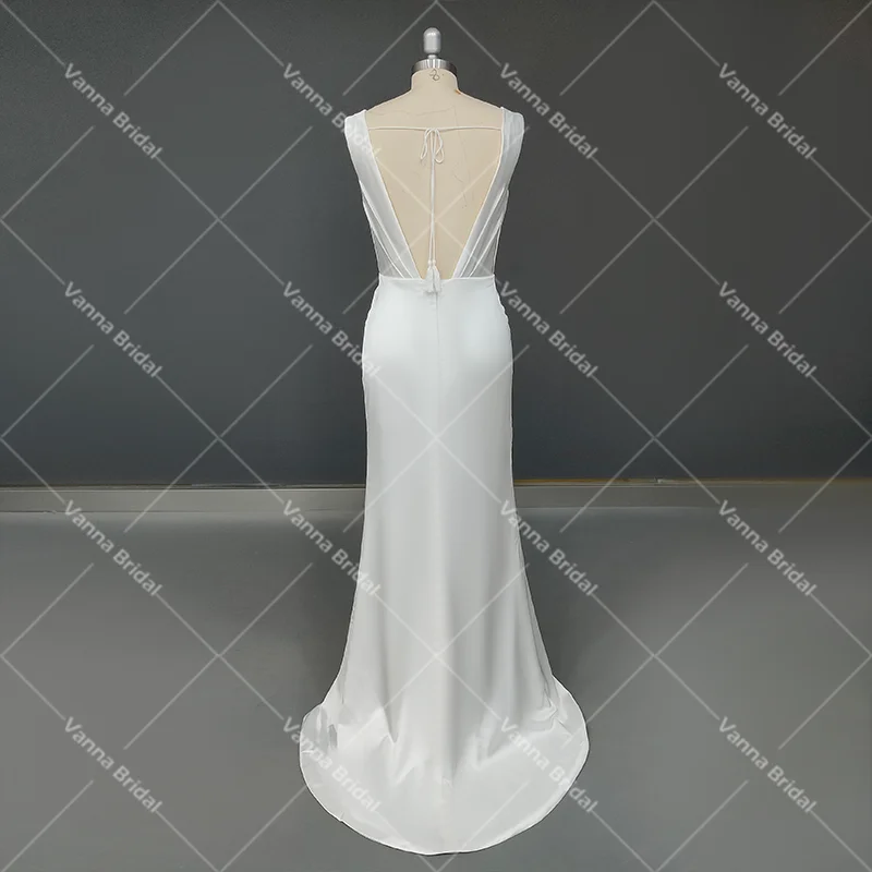 Vestido de noiva com bainha sereia, costas abertas, decote em barco, sem mangas, borlas cruzadas, vestido de noiva franzido, costas nuas, simples, personalizado