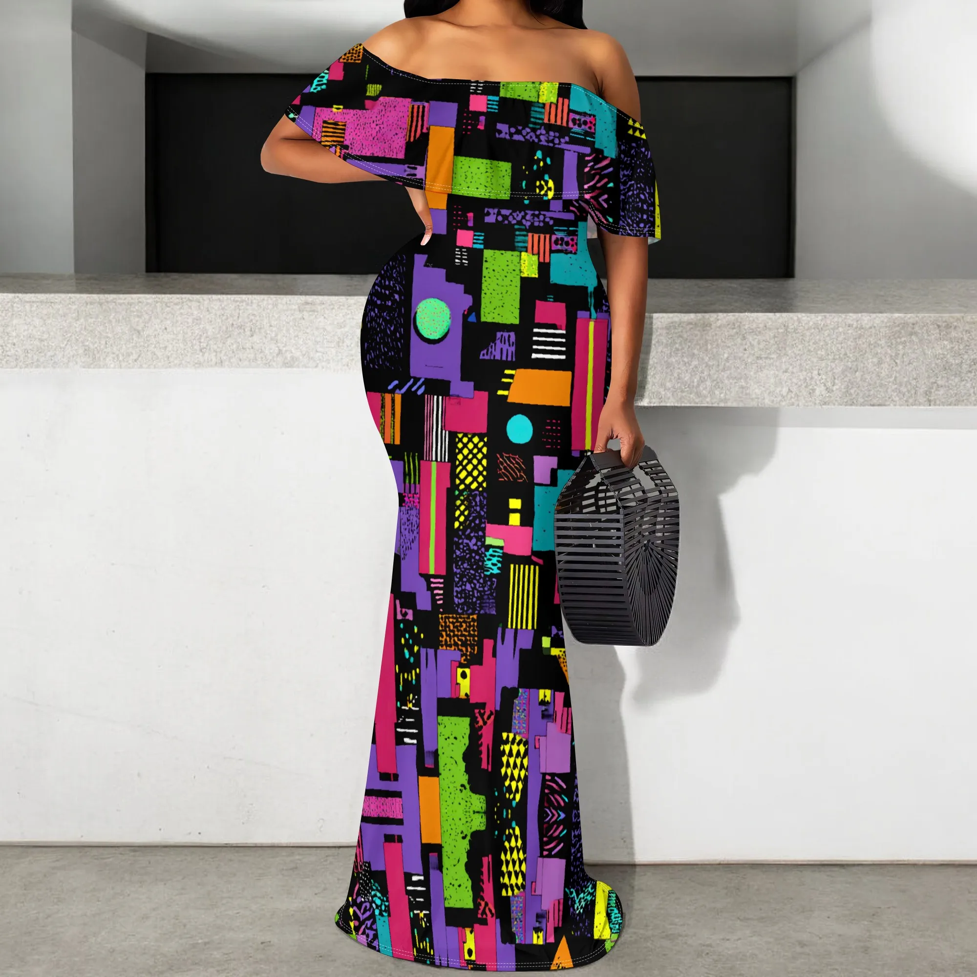 

Women's Off Shoulder Maxi Dress Abstract Geometric Print Mermaid Evening Gown Cocktail Party Wedding Guest Dress S-3XL