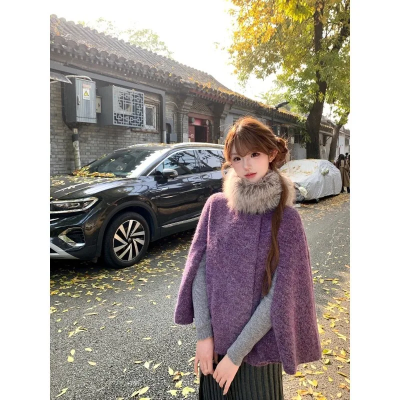 

Korean Lazy Style Purple Fur Collar Cape Shawl Sweater Women's Autumn and Winter Super Good-looking Thickened Top Women