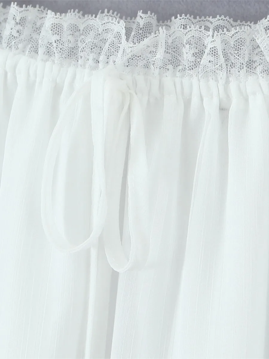 Drawstring 레이스 패치 워크 미디 스커트 여성 하이 웨스트 레이스 트림 화이트 a 라인 Faldas 여름 캐주얼 패션 우아한 짧은 스커트