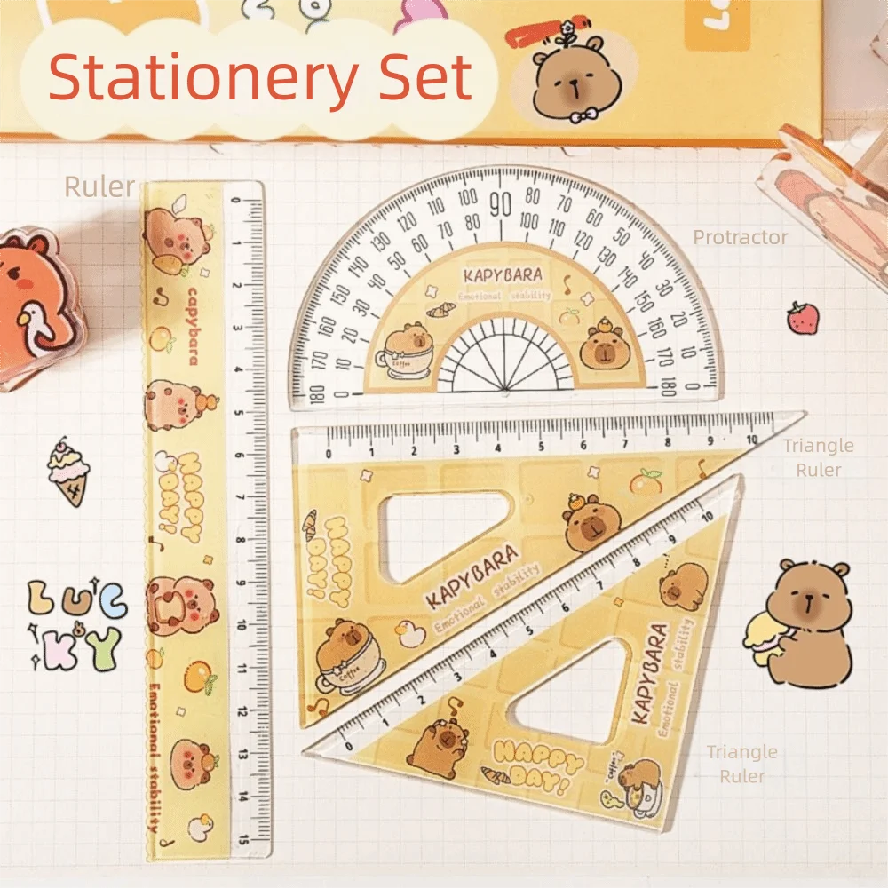 4pcs/set Creative Acrylic Capybara Set of Rulers Office Supplies Drawing Tools Straight Ruler Cute Cartoon Protractor