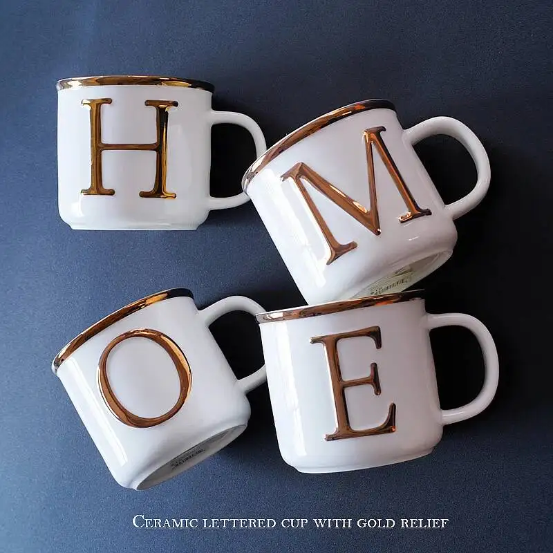 

550ml Light Luxury Nordic Three-dimensional Letter Cup With Gold Relief Ceramic Mug Trendy Bone China Couple Cup Creative Mug