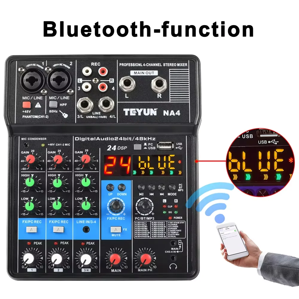 TEYUN NA4 4 Channel Mini Audio Mixer Sound Card DJ 16 Digital Effects Noise Reduction Console USB Record For Singing  Broadcast