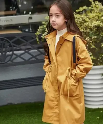 

Spring Autumn Kids Outerwear For Girls Clothes Solid Teen Girl Jackets Casual Hooded Long Trench Coat New Children Jacket