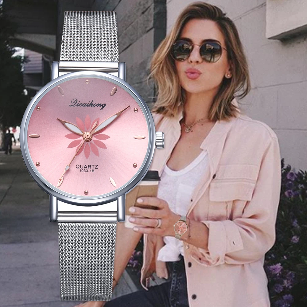 Relojes para mujer de lujo de plata Popular esfera rosa flores pulsera de Metal para mujer reloj de cuarzo reloj de pulsera para mujer nuevo reloj