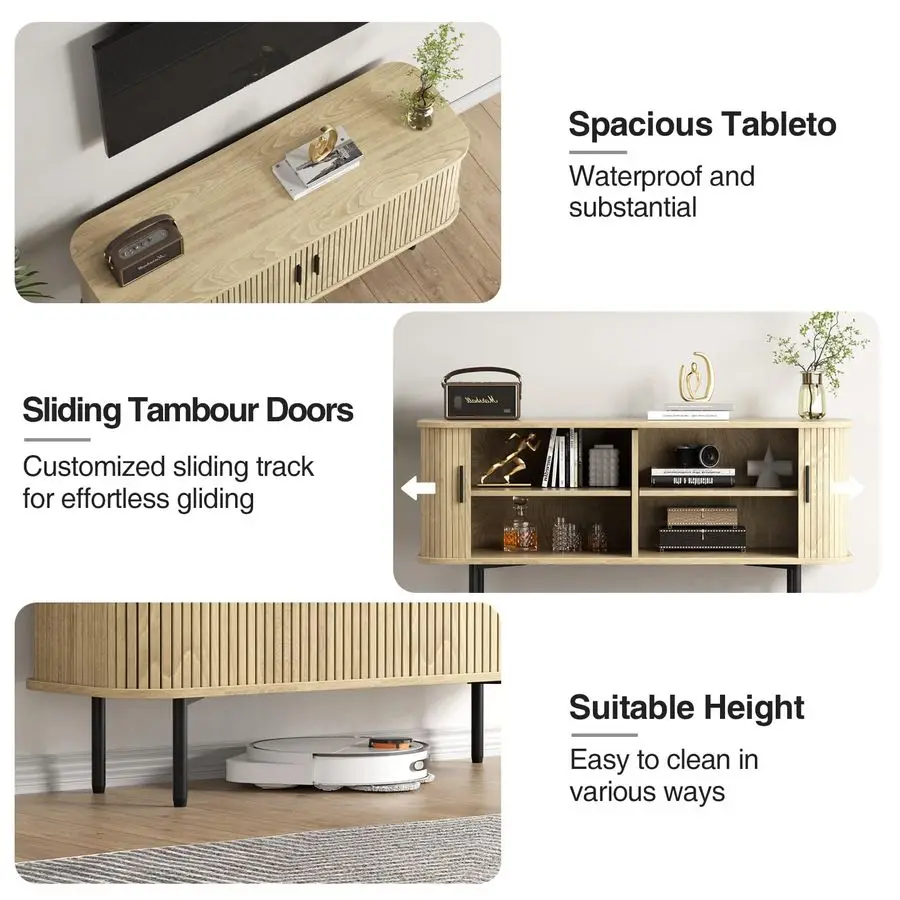 Natural Storage Cabinet, Media Console, Tambour TV Stand Sliding Door, Fluted Cabinet, Buffet Sideboard, Credenza, Table Stand f