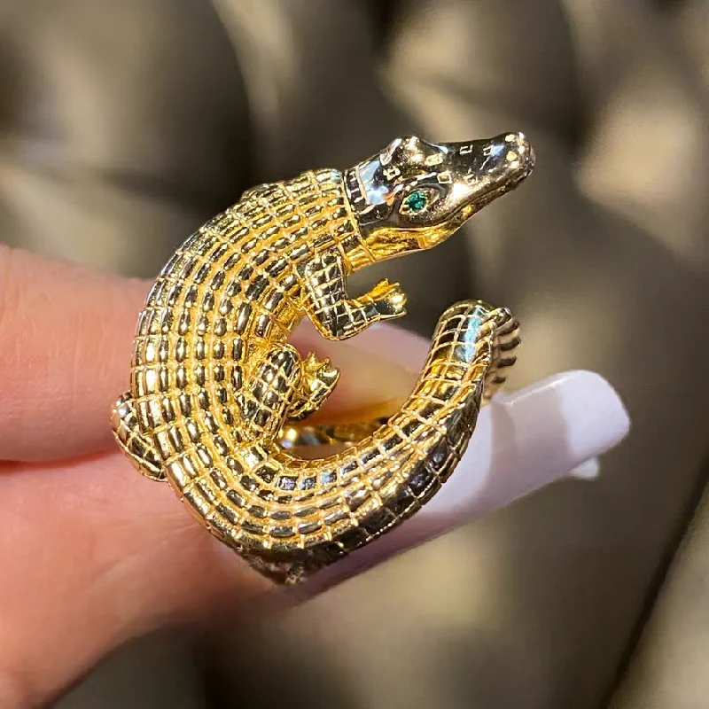 ARIGAYA 925 Sterling Silver Crocodile Open Ring Gold Plated Fine Jewelry For Men And Women