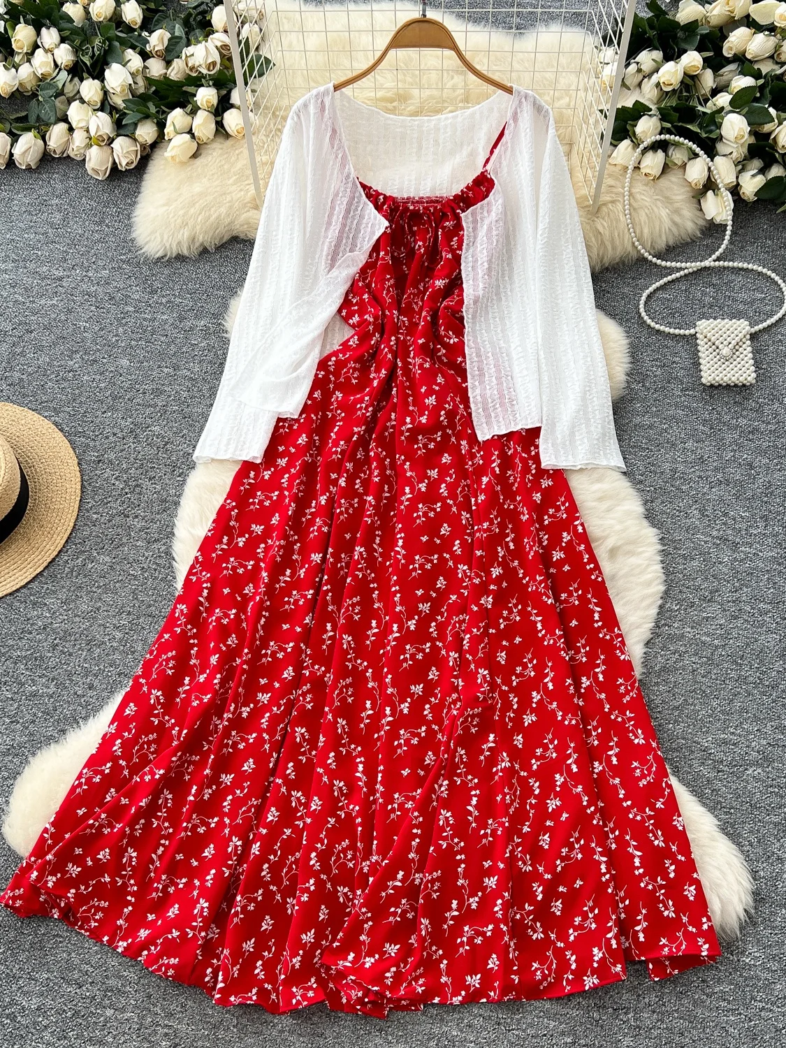 

Ele Summer Outfit Women's Gentle Sweet Sle Long Sve awl Waist Cinched Strap Floral Print Dr Two Piece Set