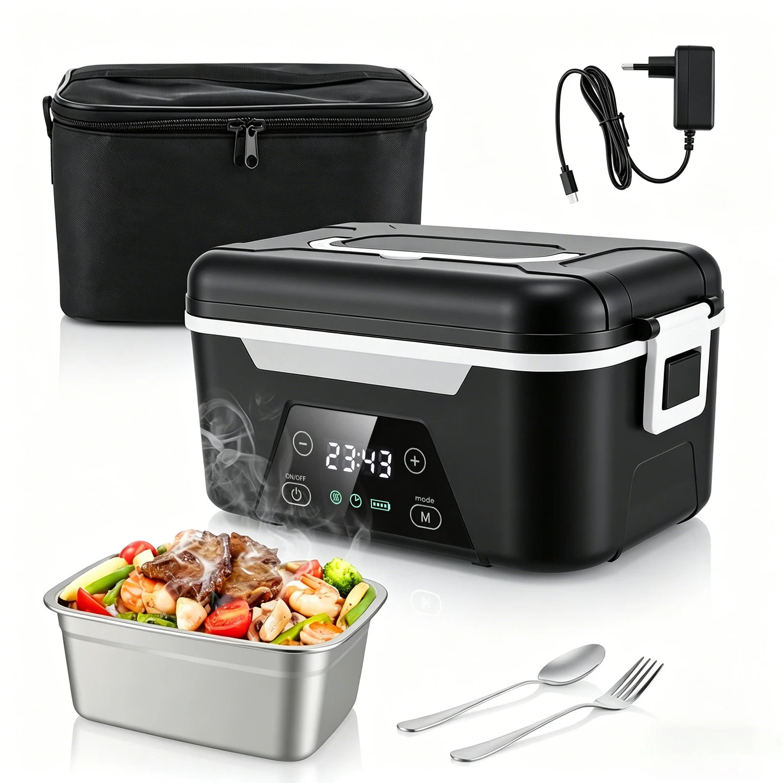 1,4L Tragbare kabellose beheizbare Lunchbox 18000mAh Elektrische beheizbare Lunchbox mit LED-Anzeige 60W Speisenwärmer für Arbeit, Reisen, Auto