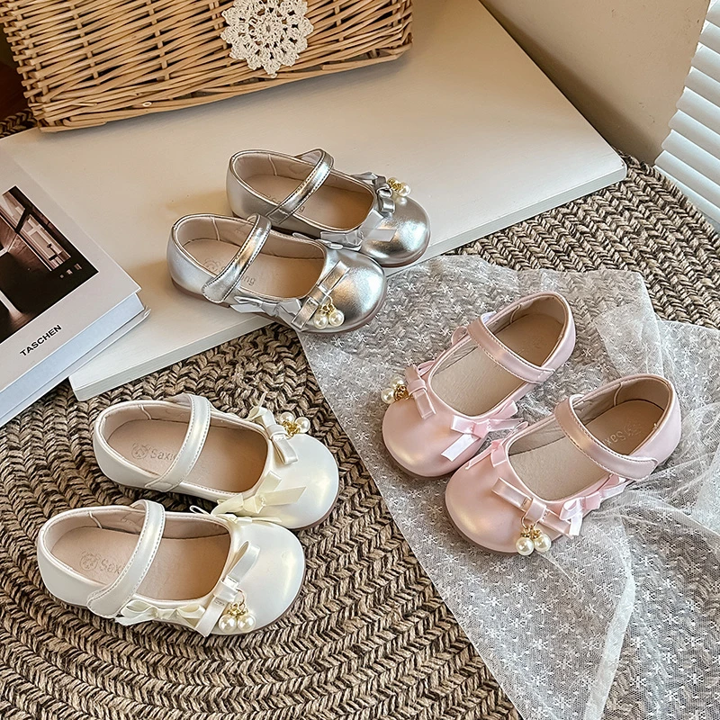 

Spring Girl's Princess Shoes Bowknot Pearl Cute Pretty Kid's Flat Shoe Pink Beige Silver Chic Charming Versatile Children Shoes