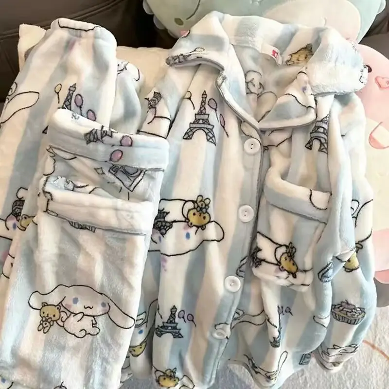 Anime 2Pcs Woman's Pajamas Set Casual Girl Student Cardigan Pants Red Grid Thicken Warm Fashion Casual Cute Korean Homewear Gift