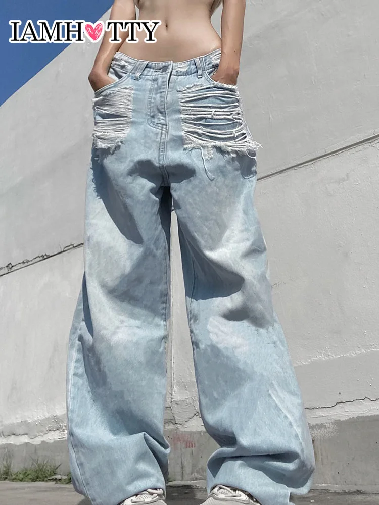 

IAMHOTTY Bleached Washed Ripped Hole Grunge y2k Jeans Wide Leg Oversized Baggy Denim Pants Straight Casual Trousers Harajuku New