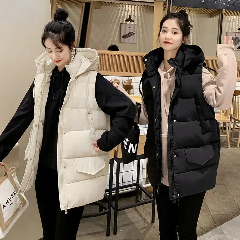 Women Parkas Sleeveless Hooded Solid Color Jackets Covered Button Zipper Pockets High Street Stand Collar Outerwear Casual