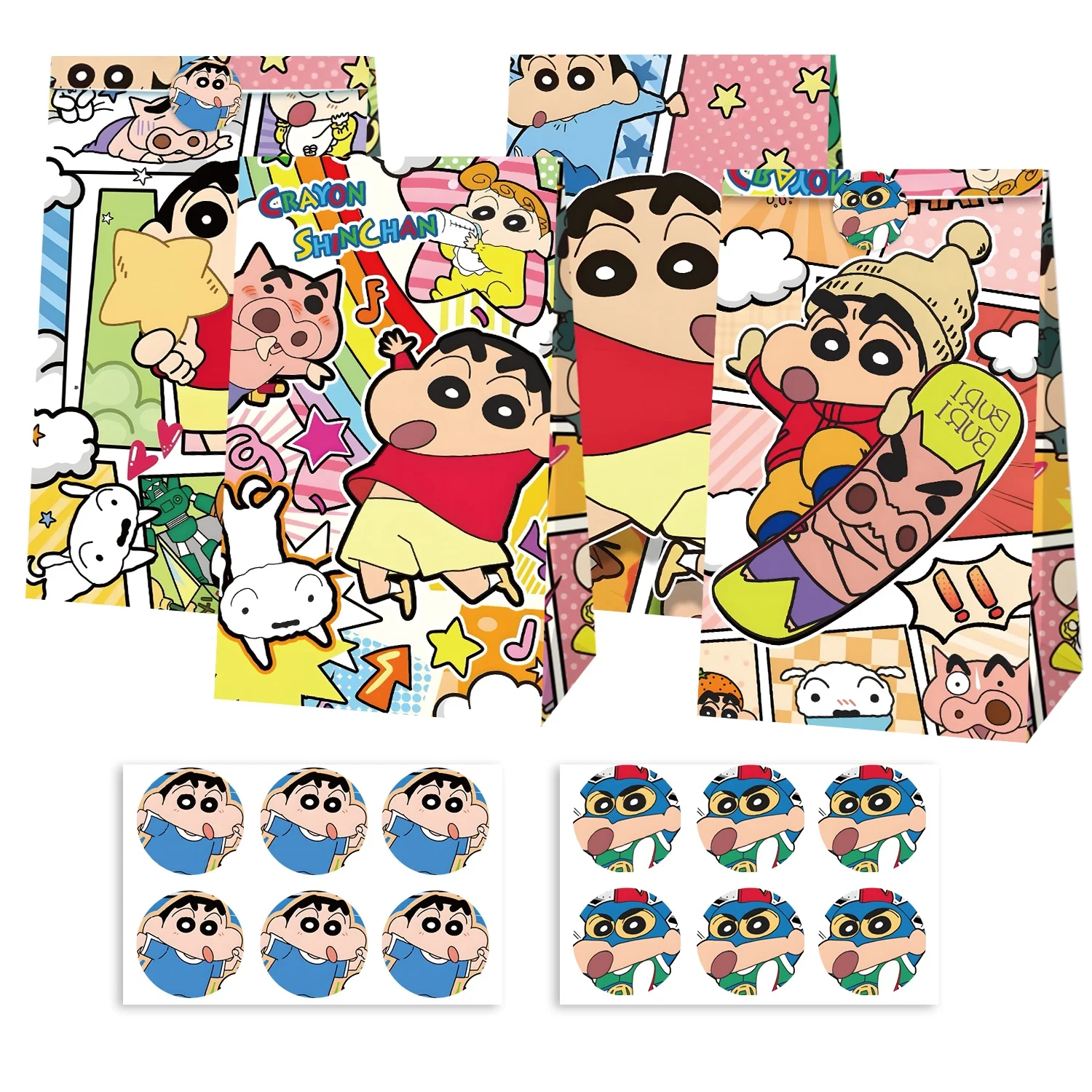 12/24 Crayon Shin-chan Party Favor Bags, Anime Crayon Shin-chan Gift Bags with Stickers, Snack Bags for Birthday Parties