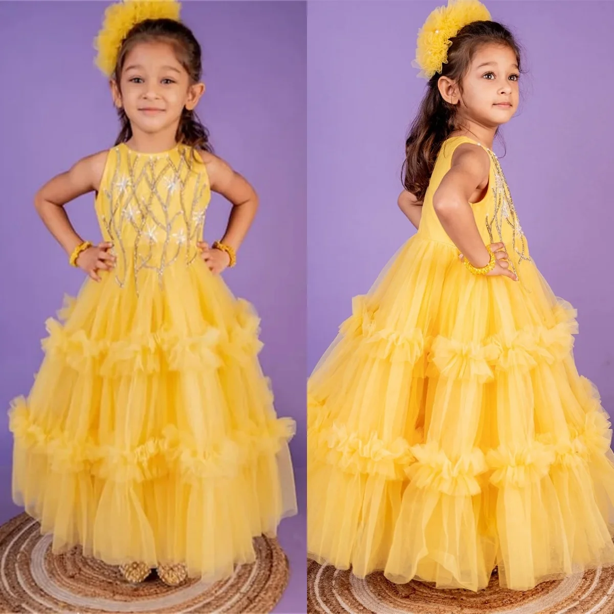 Vestido de niña de flores amarillo personalizado con cuello redondo, lentejuelas sin mangas, baile de primera comunión, ceremonia de graduación de cumpleaños, fiesta de boda