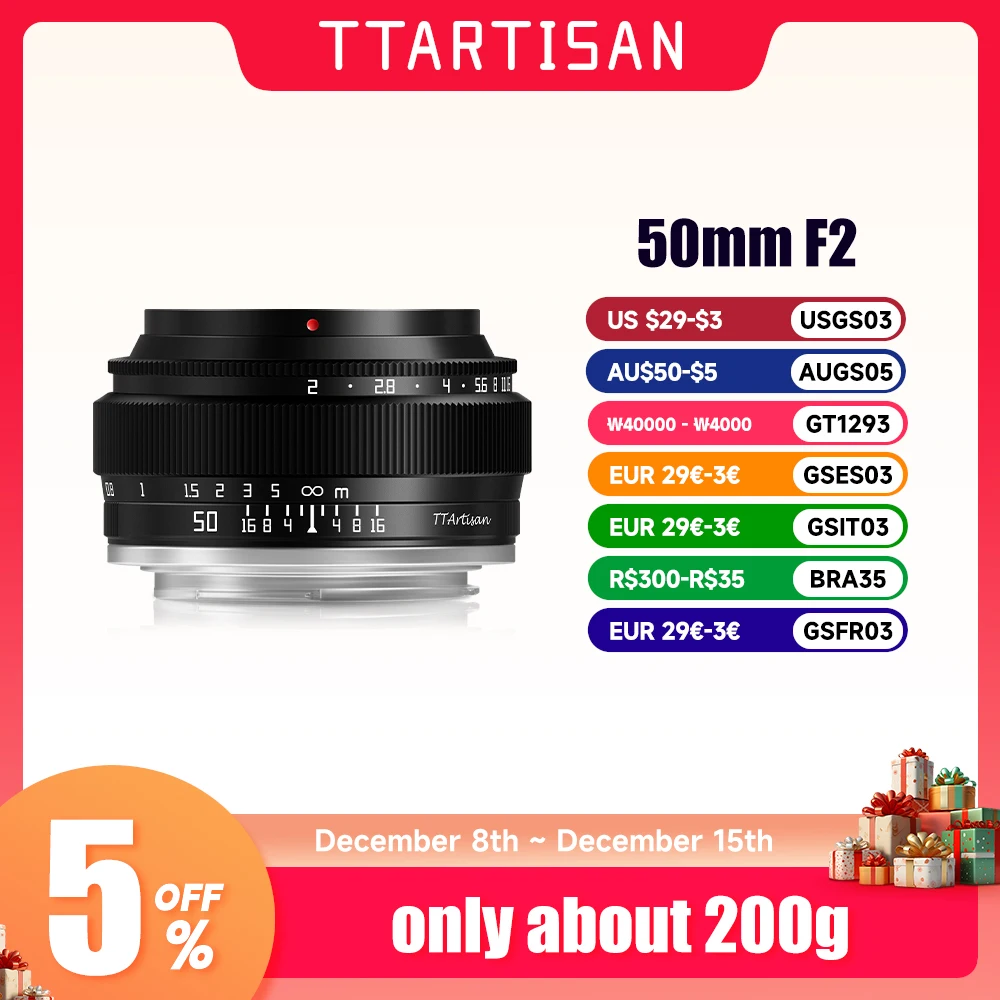 TTArtisan 50mm F2 Prime Lens voor Sony E Mount Fujifilm XF Canon M Leica L Nikon Z Panasonic Olympus M43 Camera Lens