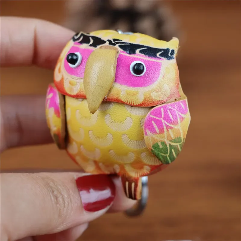Head Layer Cowhide Owl Car Keys Bag Charm Charm Mini Creative Cute Key Chain Birthday Gift