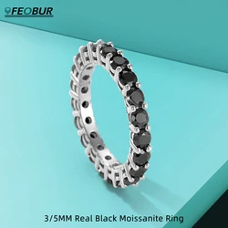 FEOBUR 3/5mm Full Black Moissanite Eternity Diamond Rings for Women Men Certified 925 Sterling Silver Sparkling Wedding Band