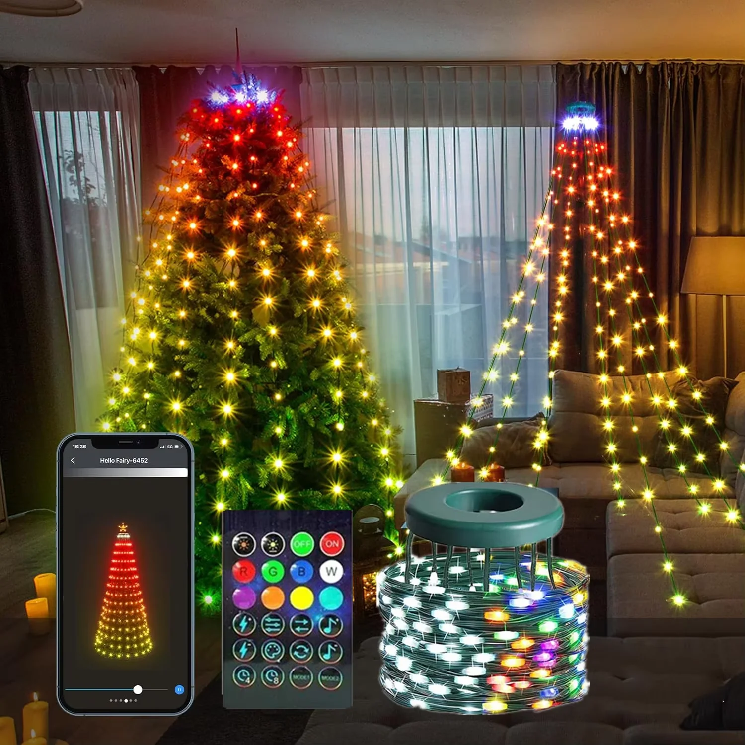 2.1M Christmas Tree Garland DIY Color Display RGBIC Christmas Tree Fairy Light Tree Waterfall Garland Wedding Holiday Lighting