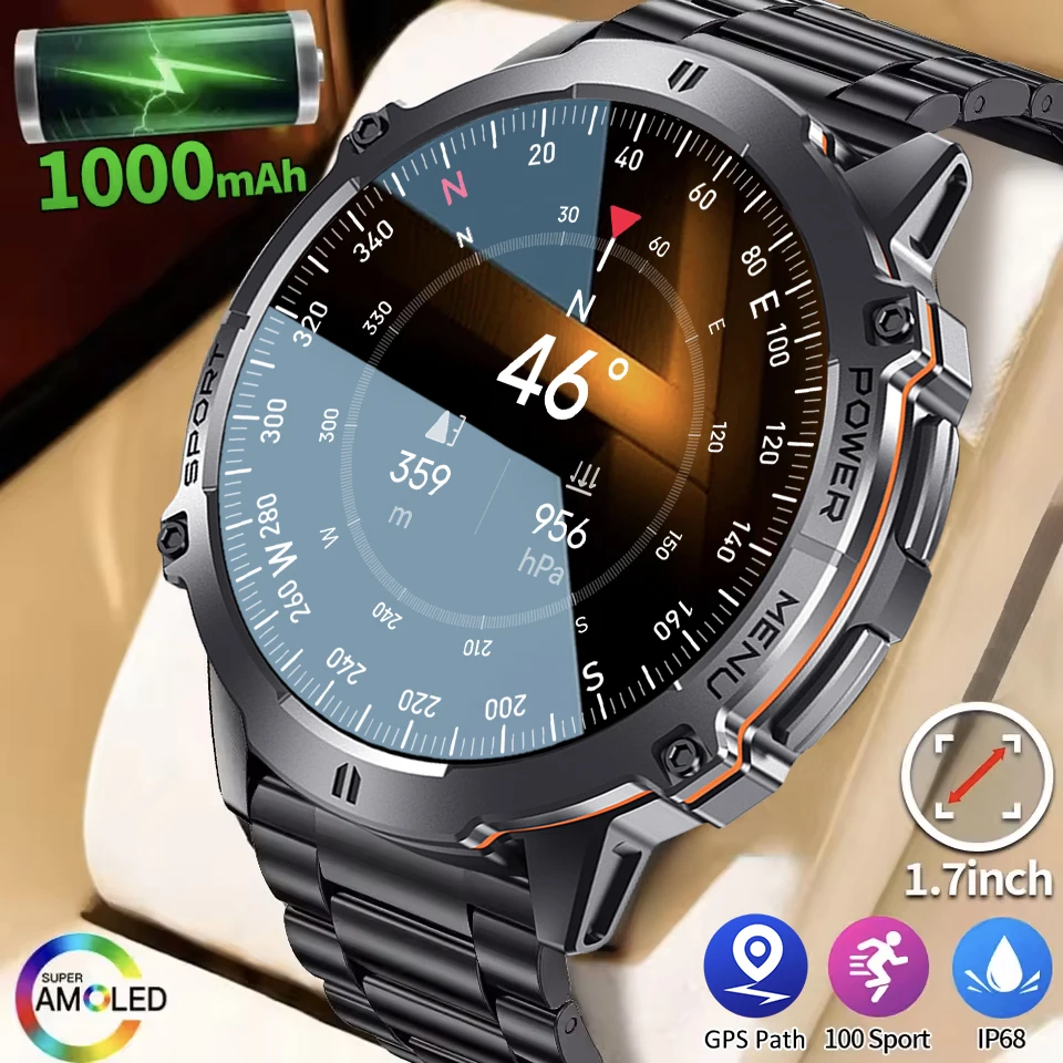 

2025 New 1000mAh Large Capacity Battery Smart Watch Adult Men GPS Path Compass Altimeter 1.73-inch Large Screen IP68 Smart Watch