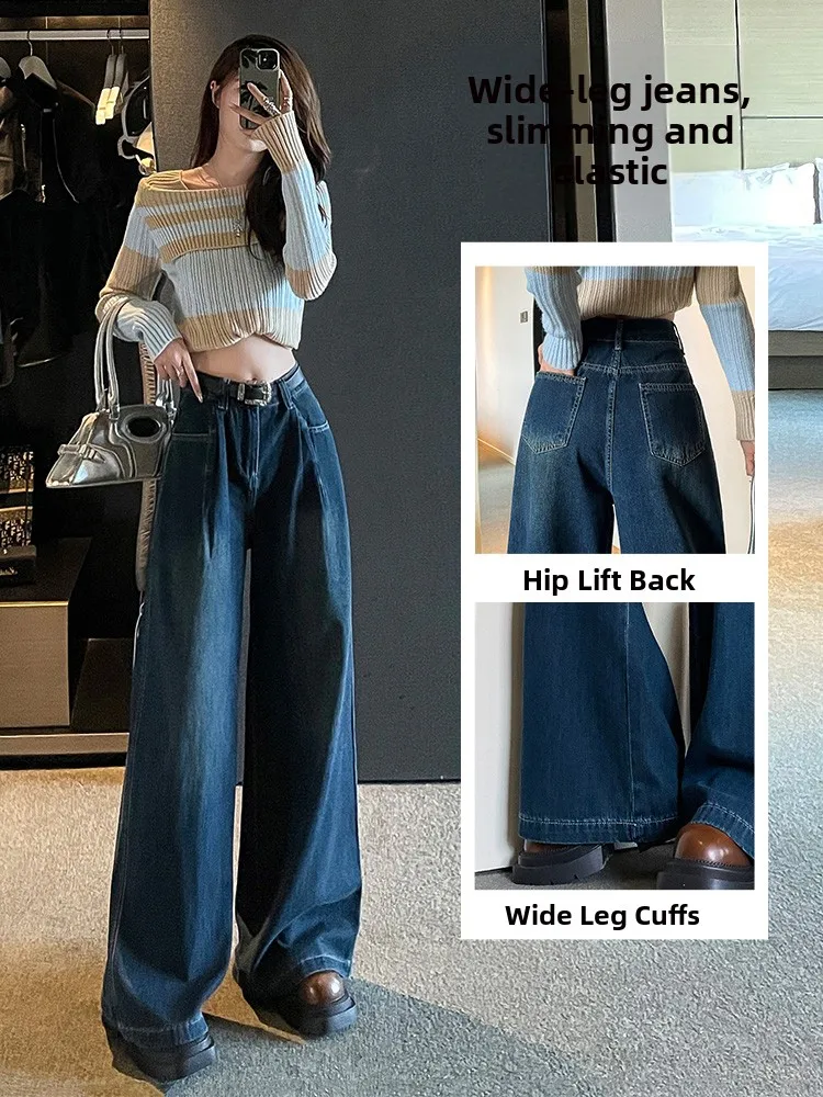 

Deep Blue Retro High Waist Wide Leg Jeans Women's Loose Slimming Autumn New Style Floor-Length Straight Cut Denim Pants