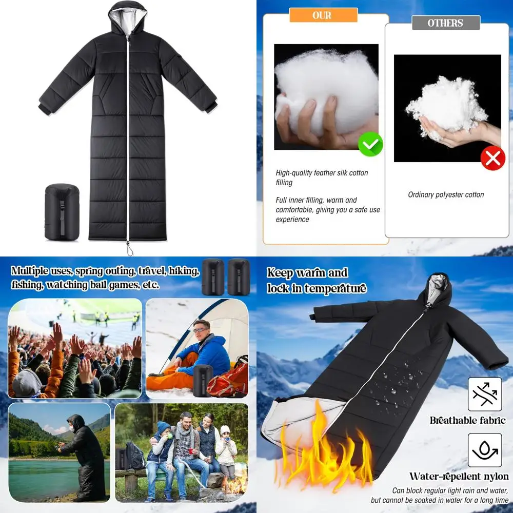 Saco de dormir para adultos con mangas y capucha, de 74 pulgadas de largo, saco de dormir con aislamiento para clima frío de 0 grados para clima frío extremo Co