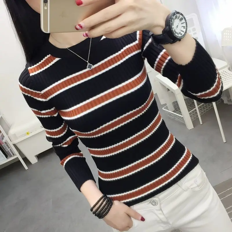 Autumn Winter New Striped Patchwork Sweaters Ladies Slim Casual Fashion All-match Jumpers Top Women Bottoming Knitting Pullovers