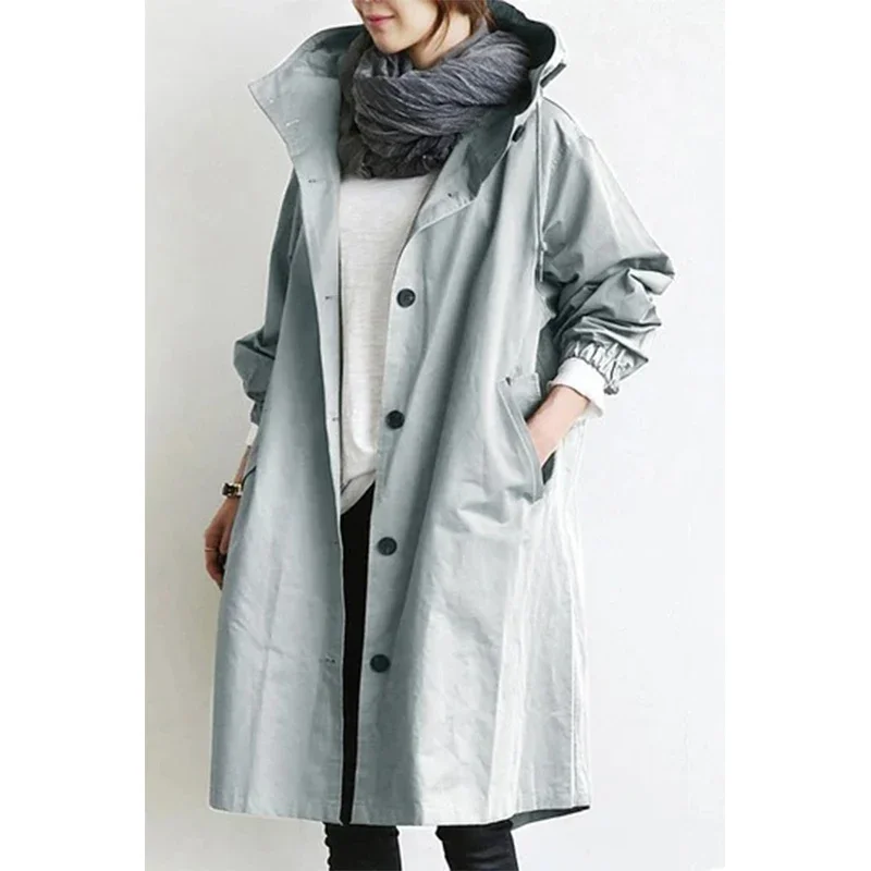 ผู้หญิงเสื้อ 2024 ฤดูใบไม้ร่วงสีทึบHooded Windbreaker Long Trench Coat Office Lady Casualแฟชั่นOuterwearเสื้อคลุมหญิง