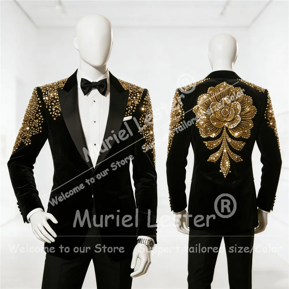 

Brilliant Beads Crystals Suits Men 2 Pieces Sets Stain Lapel Groom Blazers Customized Man Wedding Tuxedos trajes para hombre