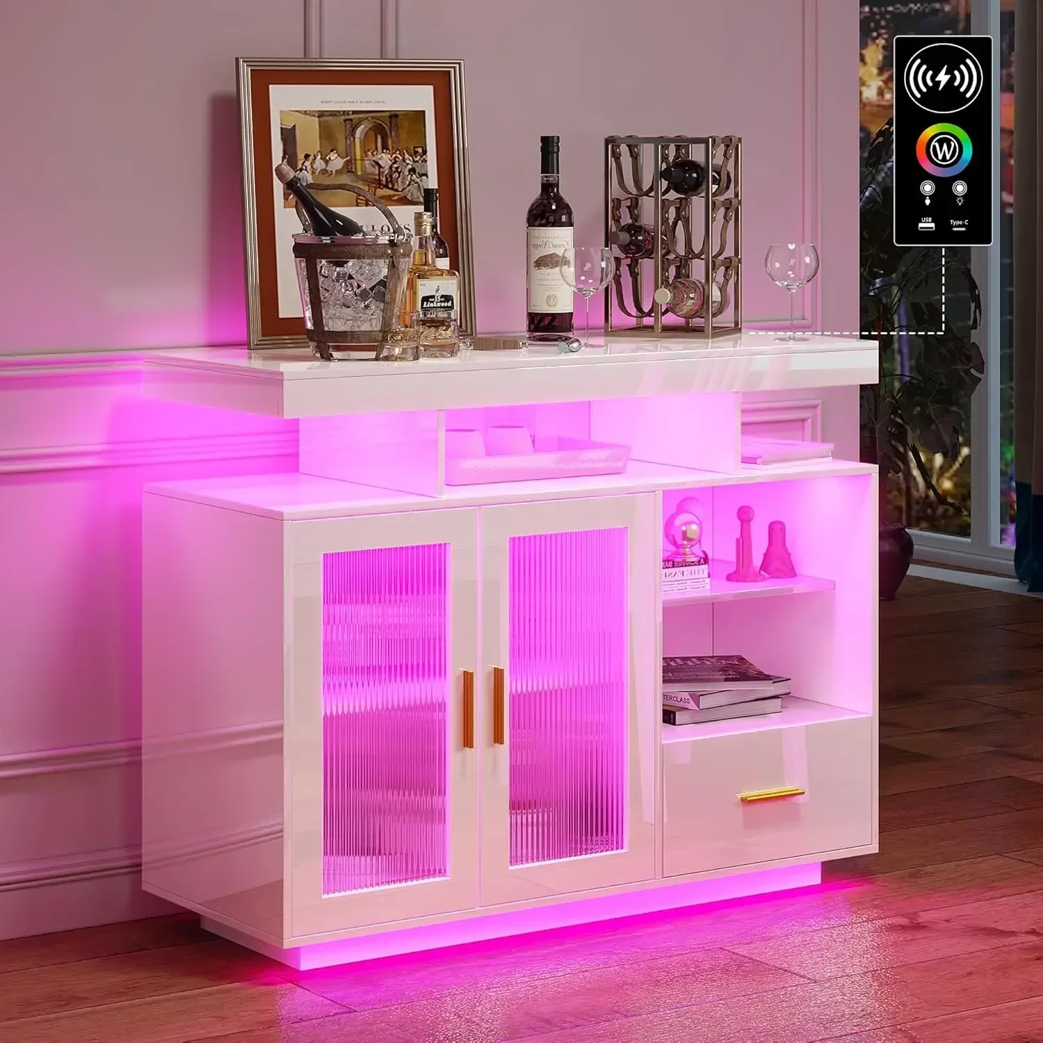 White Smart LED Sideboard Buffet Cabinet Auto RGB Light Charging Station Drawer Hutch Living Dining Room Home Storage